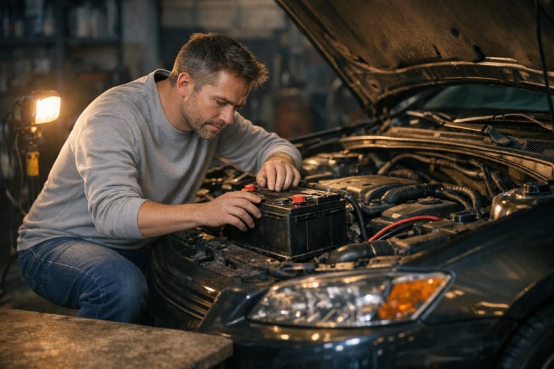 Middle Aged Guy Inspecting Car Battery Under Hood