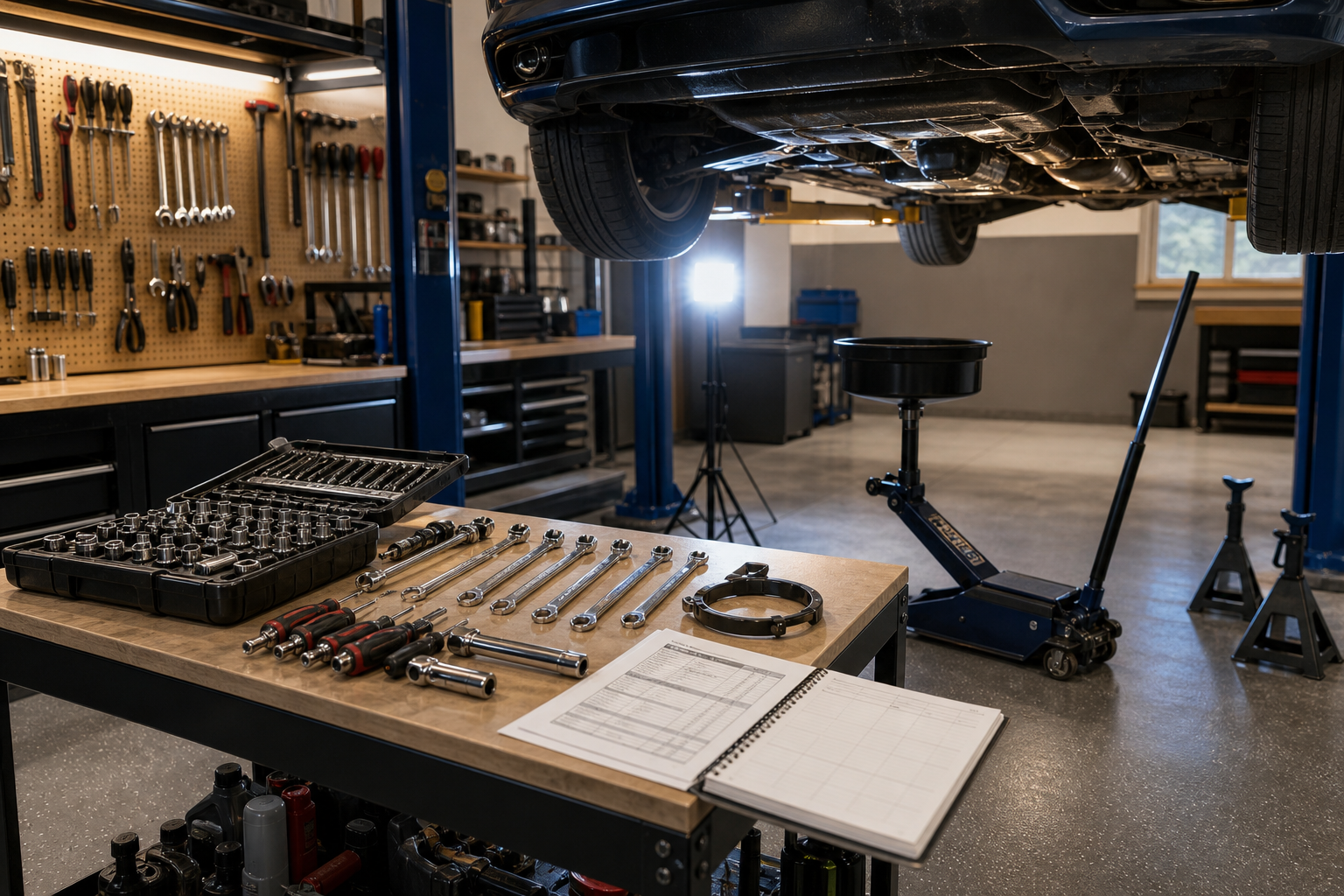 Organized Garage Workspace With Tools And Vehicle