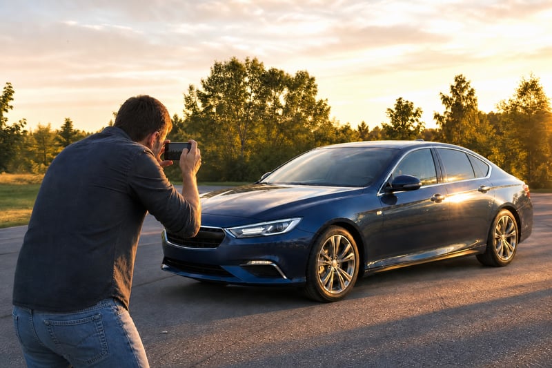 Person Using Smartphone Near Sedan at Outdoor Scene