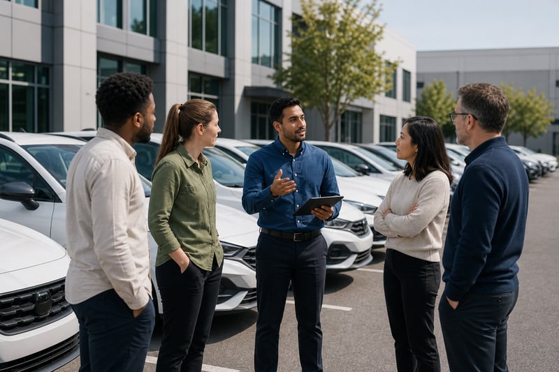 Remote Fleet Inspection Team Discussing Near Cars