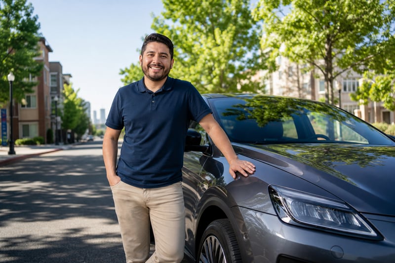 Rideshare Driver Smiling by Car