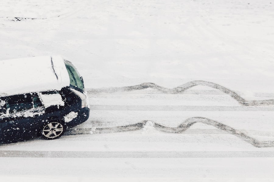 Above image of a car skidding in the snow